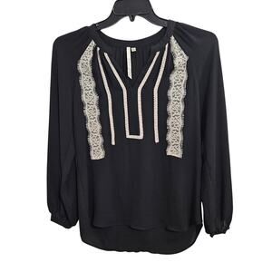 Bellatrix Black Dress Shirt White Lace Trim. Size XS Button Sleeve